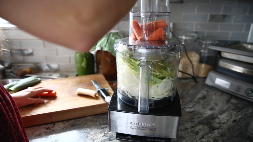 chopping onions, leeks and carrots in cuisinart food processor